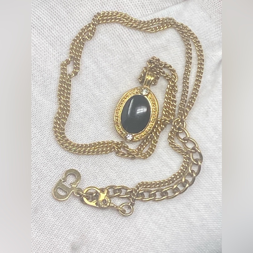Dior Vintage 80s Black Onyx Oval Enamel Chrystals Pendant Necklace - Picture 15 of 16
